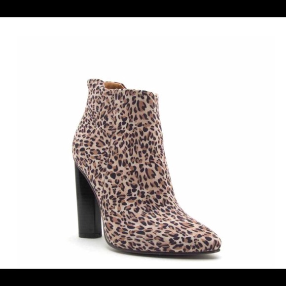 Camel Leopard Print Booties Ankle Back Zipper Heel - Picture 2 of 5